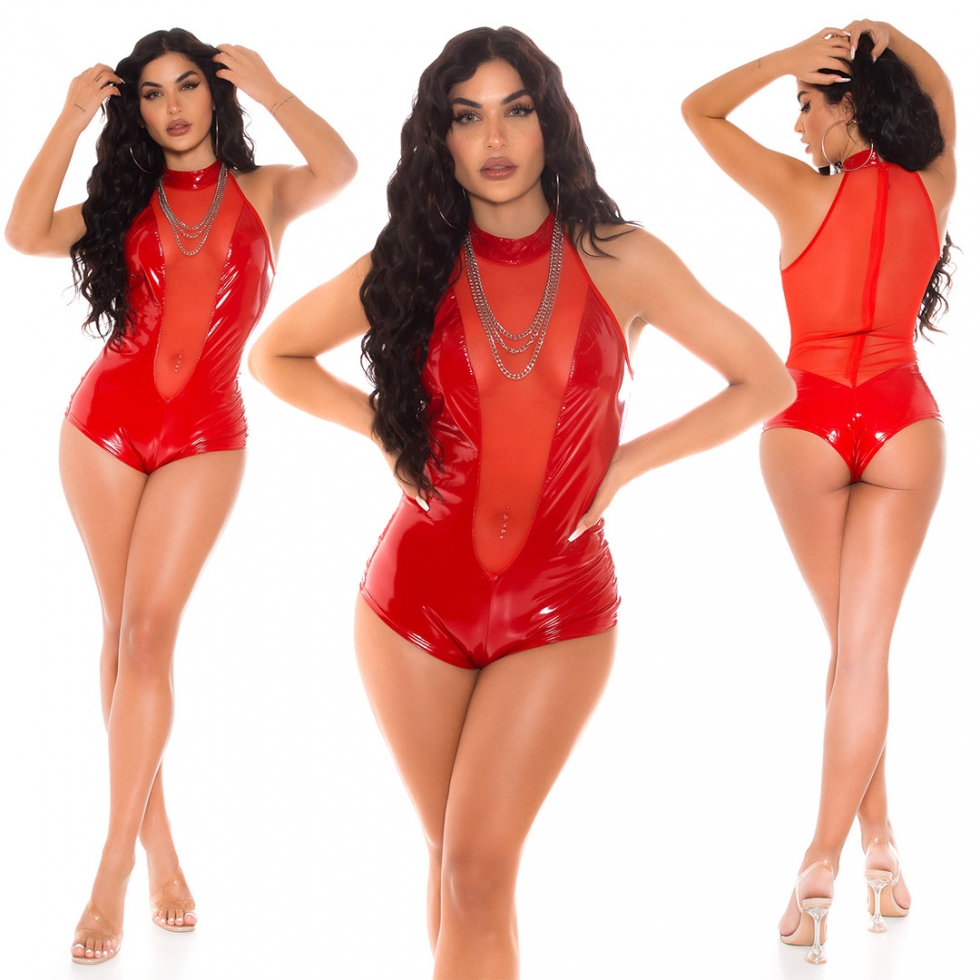 Sexy Latex-Body mit transparenten Mesh-Einsätzen und Ketten - rot