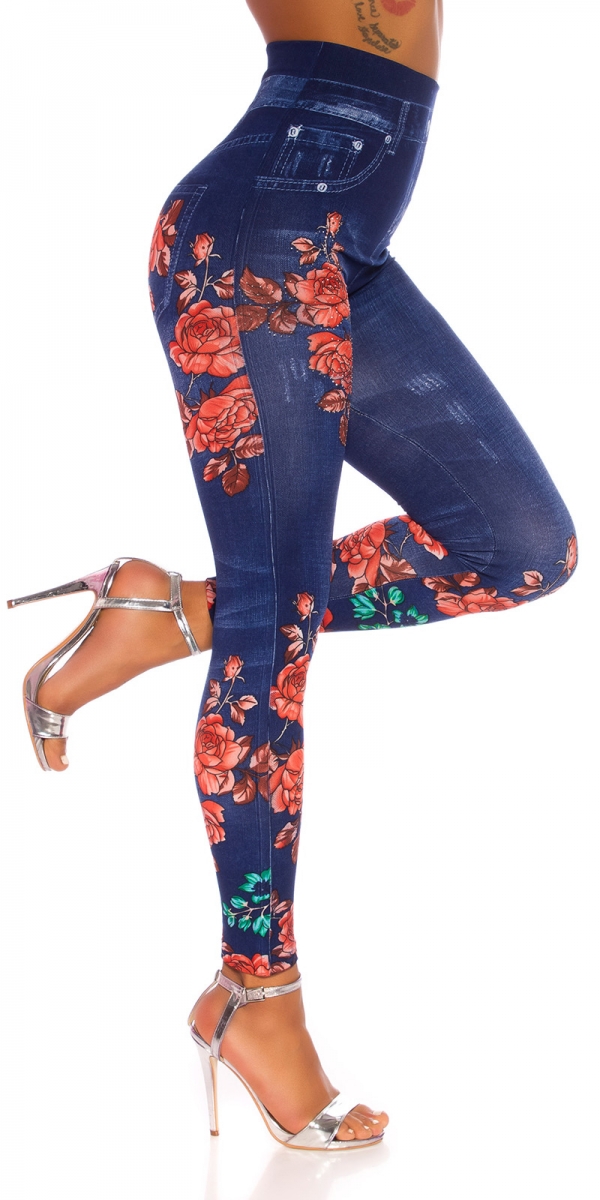 High Waist Leggings in Jeans-Optik mit Blüten-Prints - blue washed