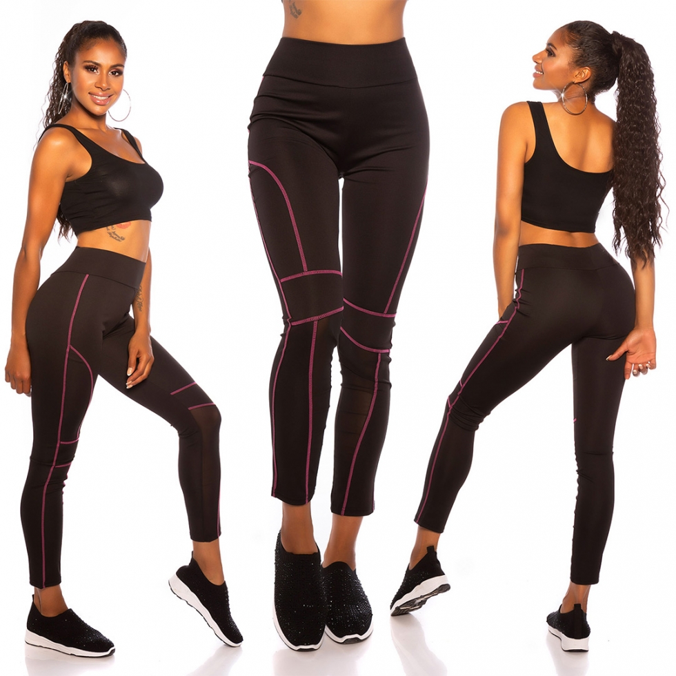 Sexy Leggings mit neonfarbenen Zierstreifen - schwarz/pink