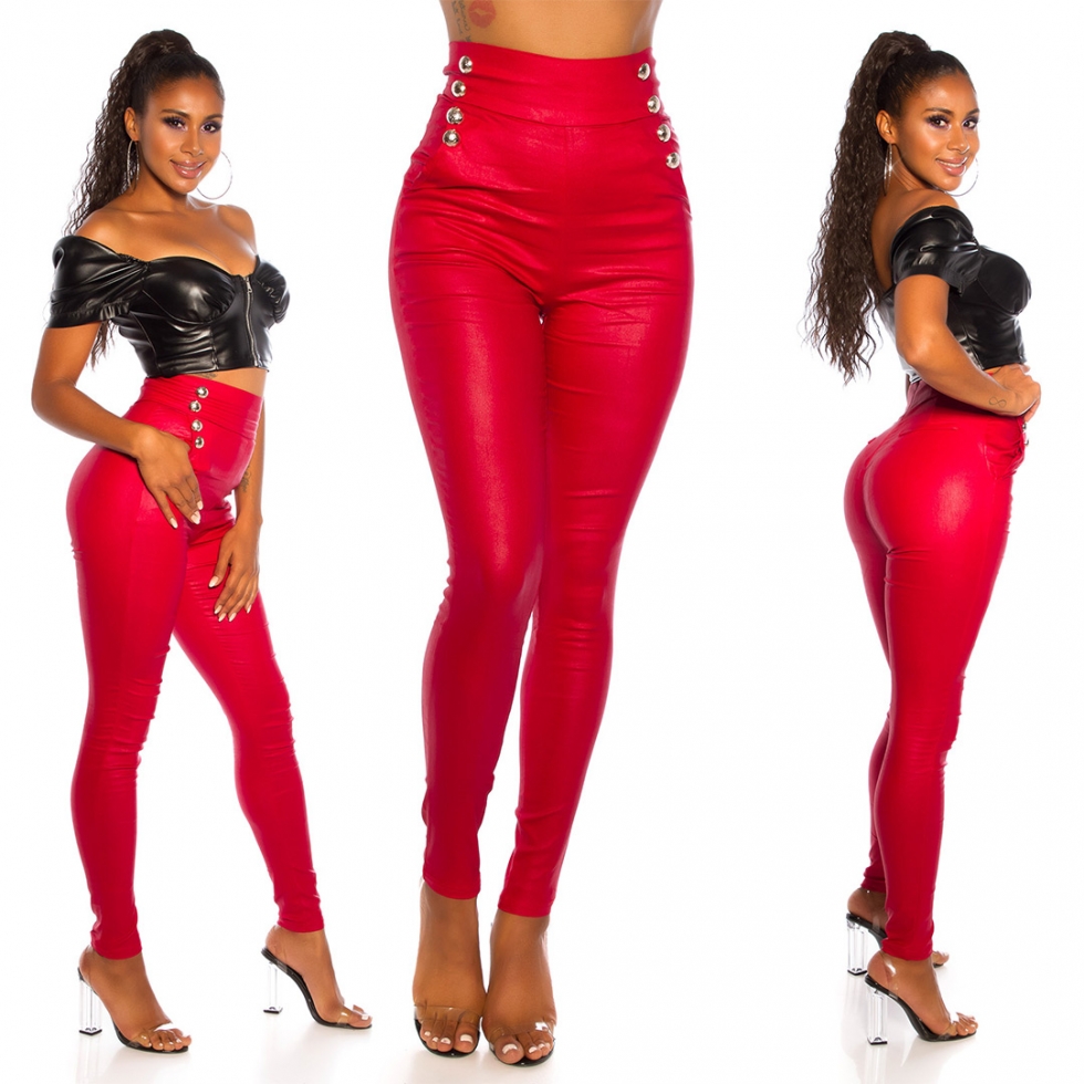 Sexy High-Waist-Hose im Lederlook mit Zierknöpfen - rot