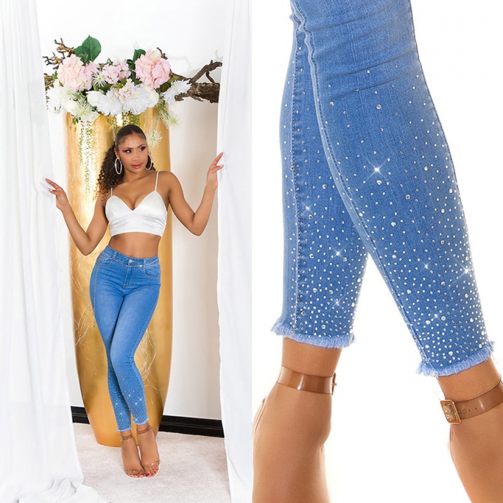 Sexy Frayed Skinny Jeans mit Glitzer-Effekten in light blue