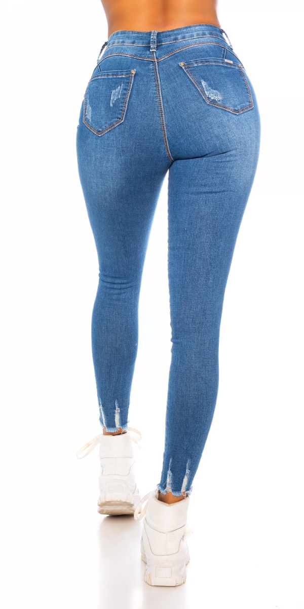 Moderne Skinny Jeans im Used-Look mit Schrift-Prints - blue washed