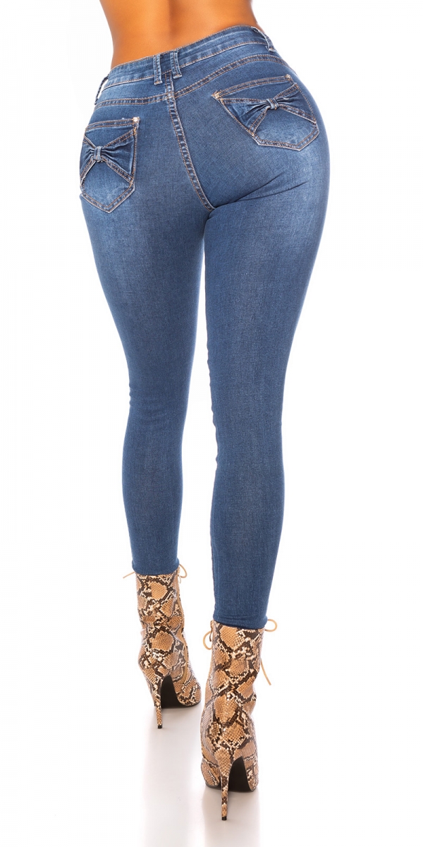 Figurbetonte Skinny Jeans mit Schleifen-Verzierung - blue washed