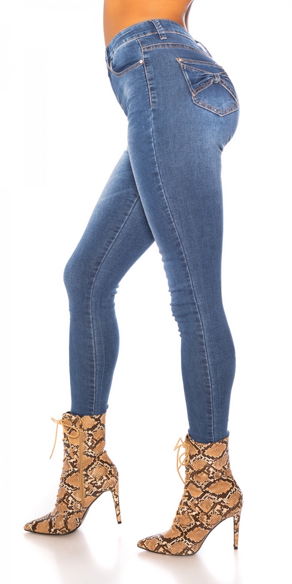 Figurbetonte Skinny Jeans mit Schleifen-Verzierung - blue washed