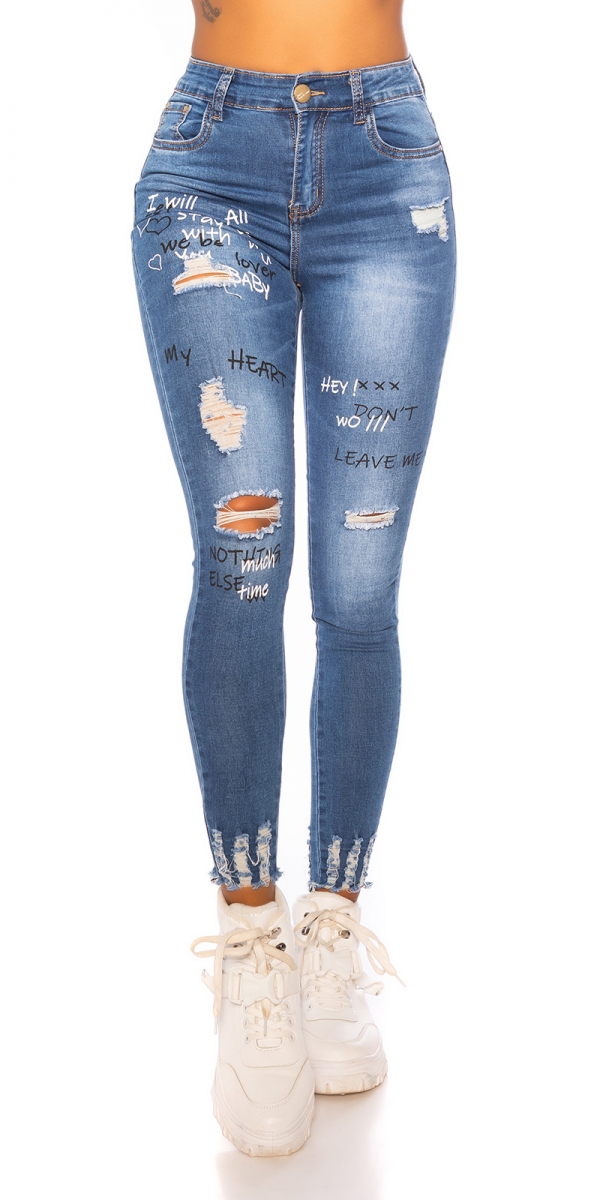 High Waist Skinny Jeans im Used-Look mit Schrift-Prints - blue washed