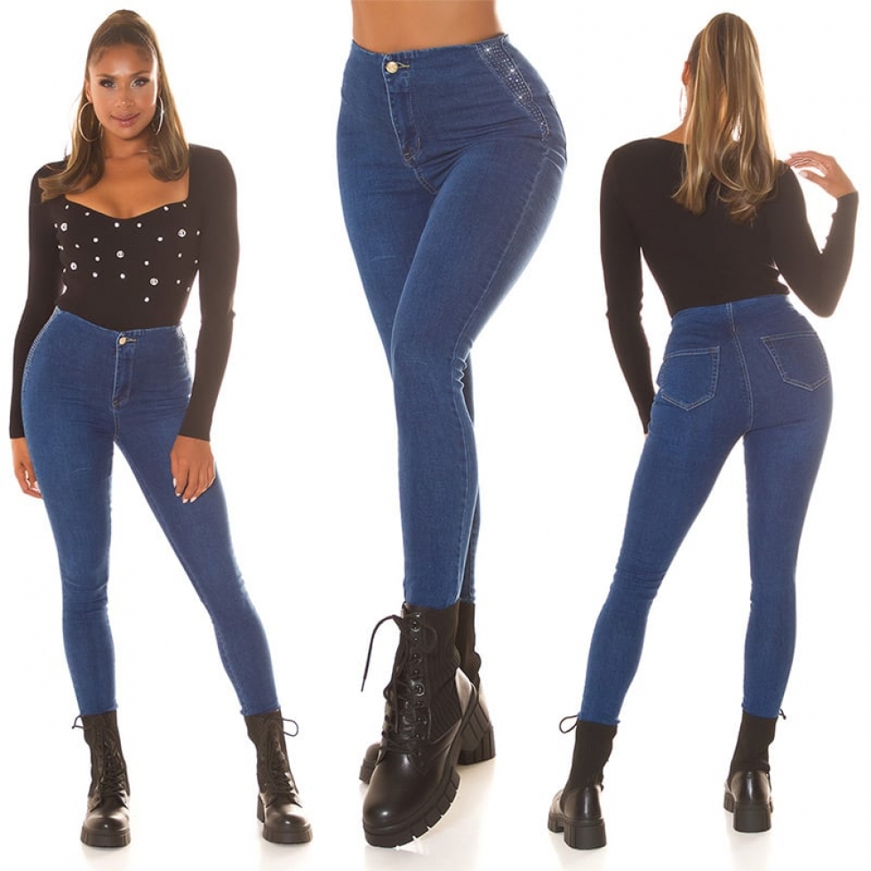 Sexy Skinny Stretch Jeans mit dezenter Strass-Verzierung - jeansblau