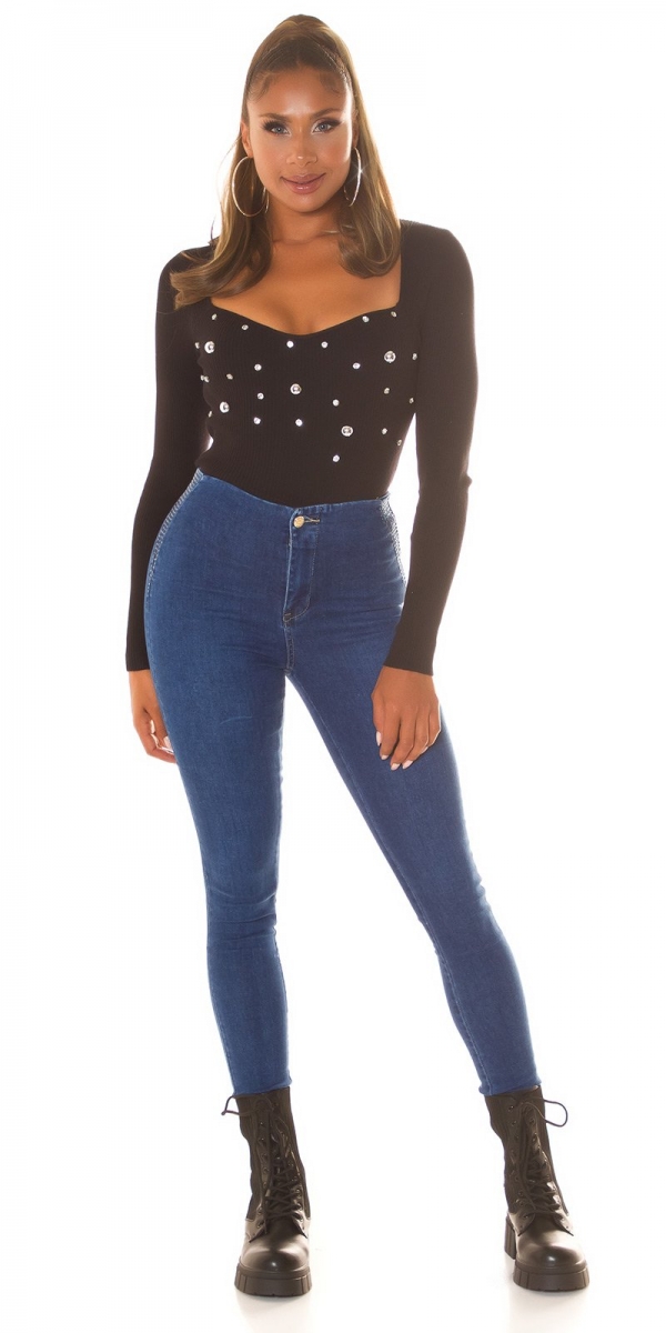 Sexy Skinny Stretch Jeans mit dezenter Strass-Verzierung - jeansblau