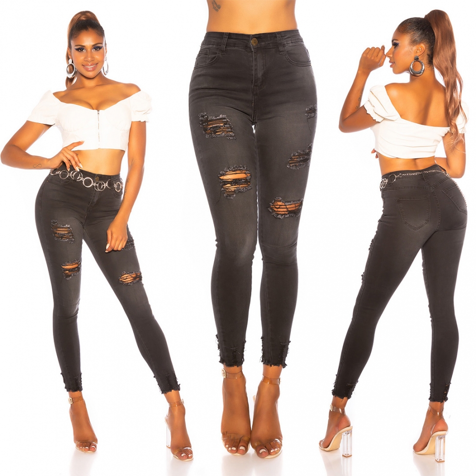 High Waist Stretch-Jeans im Used-Look - black washed