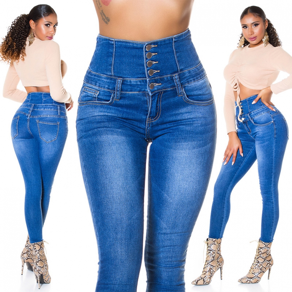 Sexy figurbetonte High Waist Jeans mit aufgesetzter Knopfleiste - blue washed