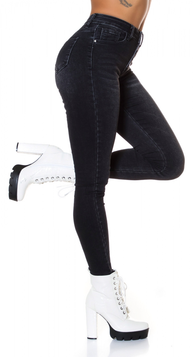 Stretch Skinny Jeans mit Knopfleiste - schwarz