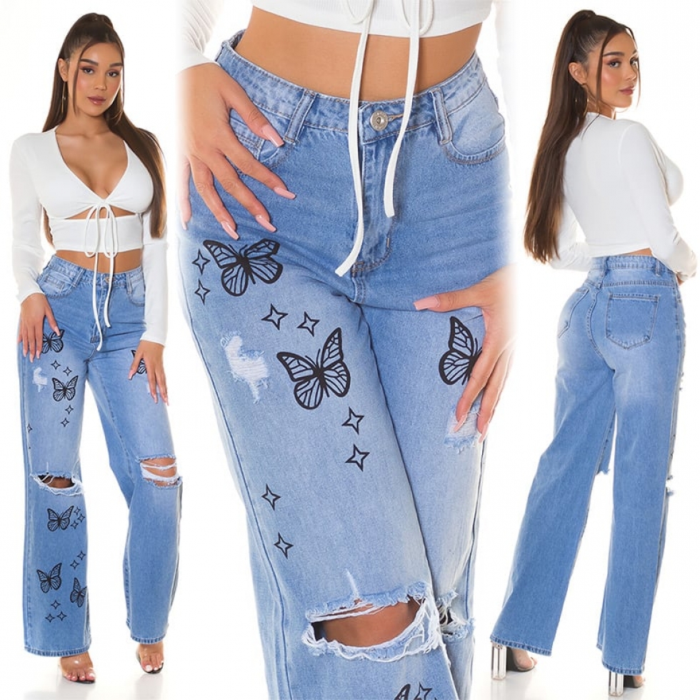 Used Mom Fit Jeans mit Rissen und Schmetterlings-Print - blue washed