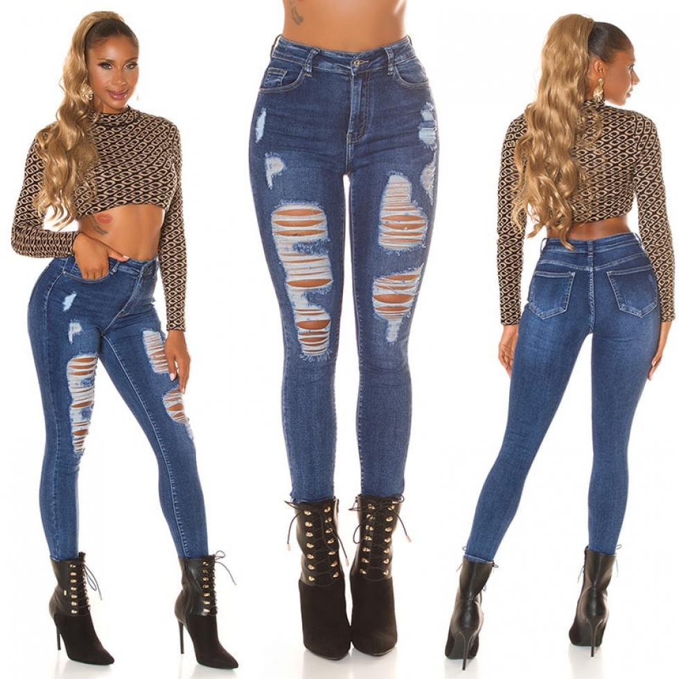 High Waist Stretch-Jeans im Used-Look - blue washed