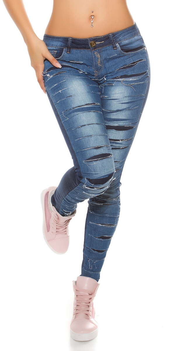 Sexy Jeans mit aufgesetzter Destroyed-Lage in blue washed