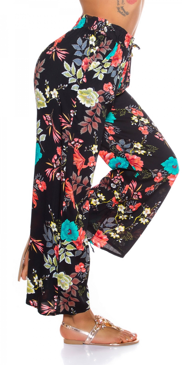 Bunte Sommer-Hose mit Blüten-Muster - schwarz