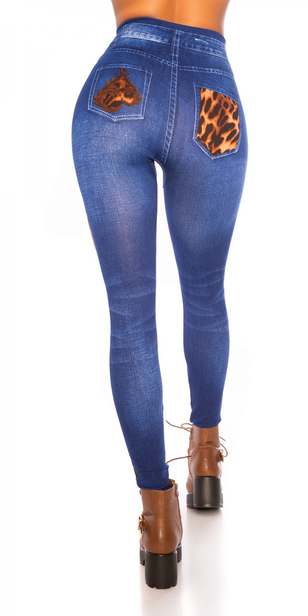 High Waist Leggings in Jeans-Optik mit Animal-Einsätzen - blau