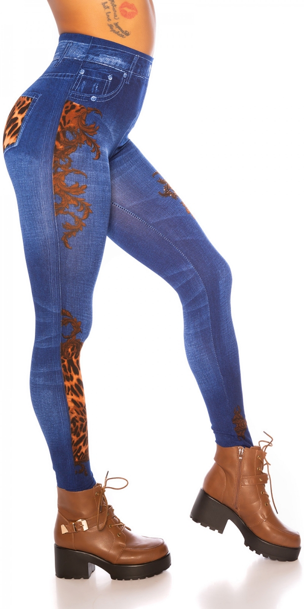 High Waist Leggings in Jeans-Optik mit Animal-Einsätzen - blau