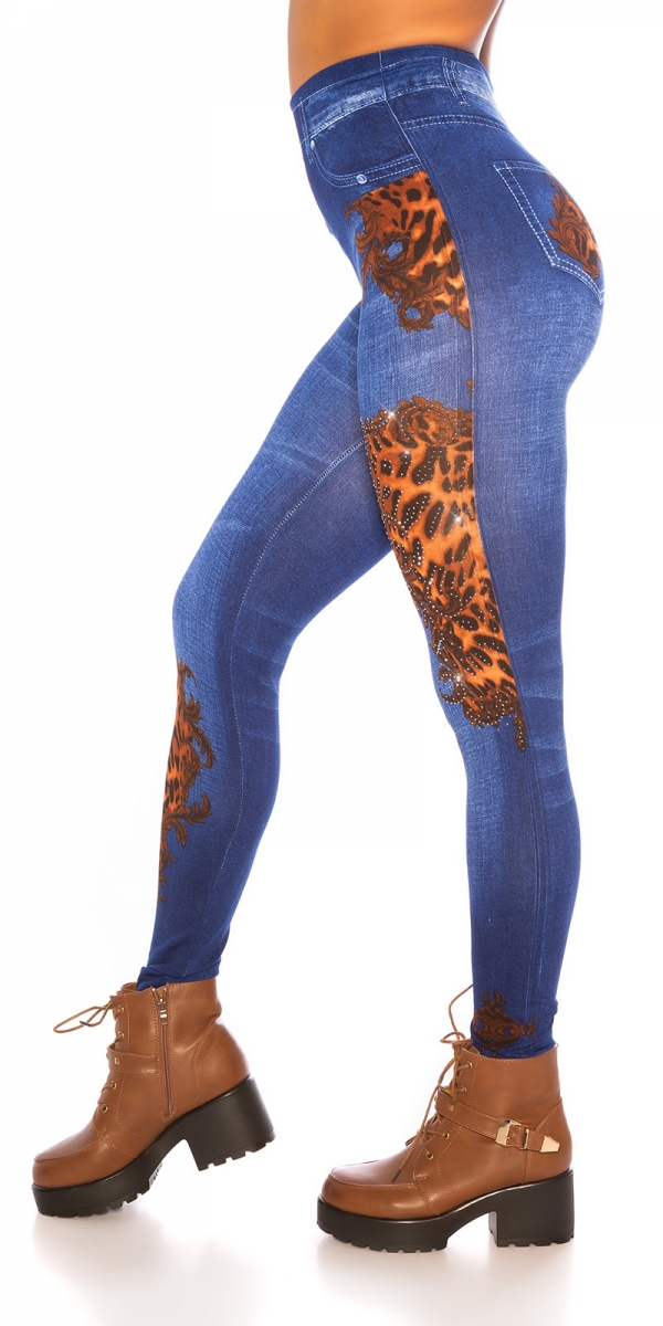 High Waist Leggings in Jeans-Optik mit Animal-Einsätzen - blau