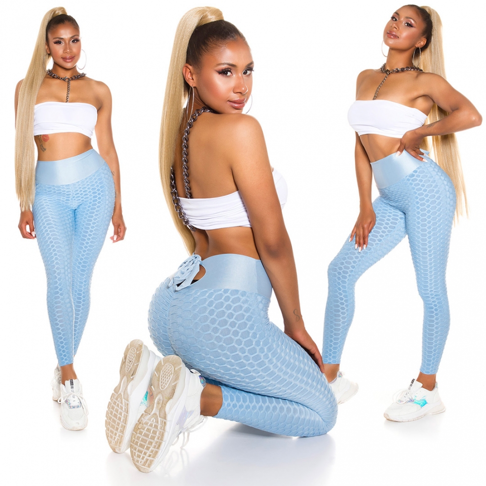 High Waist Push Up Leggings mit Schleifen-Verzierung - babyblau