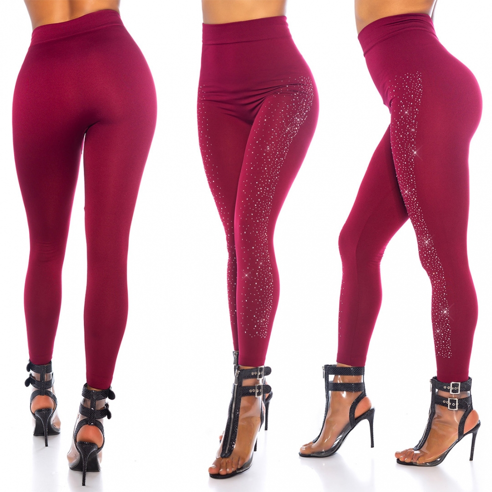 Nahtlose Thermo-Leggings mit Strass-Steinchen - bordeaux