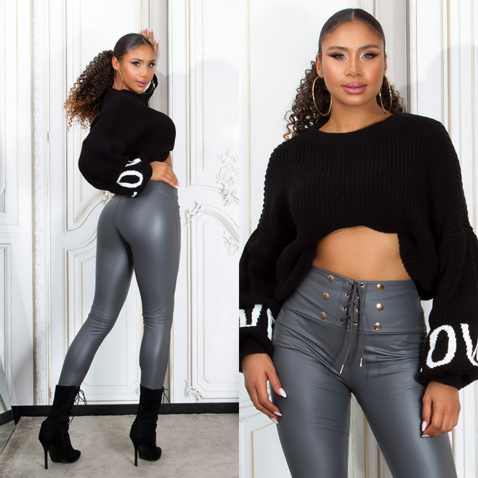 High Waist Thermo-Leggings im sexy Wetlook mit Schnürung - grau