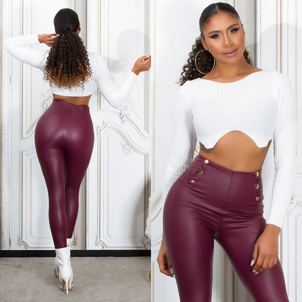 Lederlook Thermo-Leggings mit Zierknopf-Leiste - bordeaux