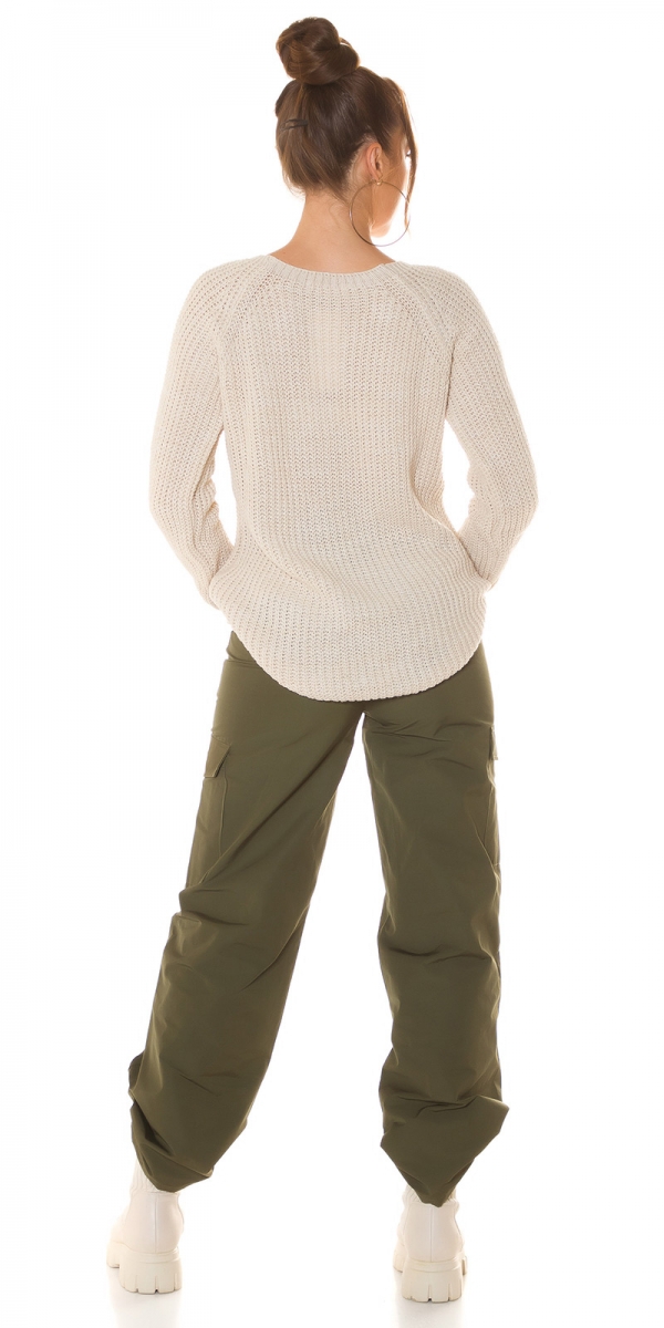 Weicher Grobstrick-Pullover mit Rundhals-Ausschnitt - beige