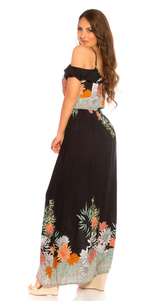 Modisches Maxi-Kleid mit Blümchenprint-Verzierung - schwarz