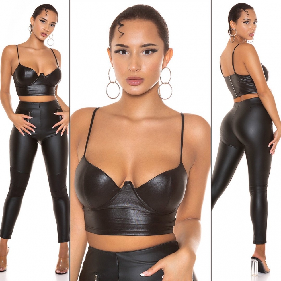 Sexy Bustier Crop-Top im Wetlook - schwarz