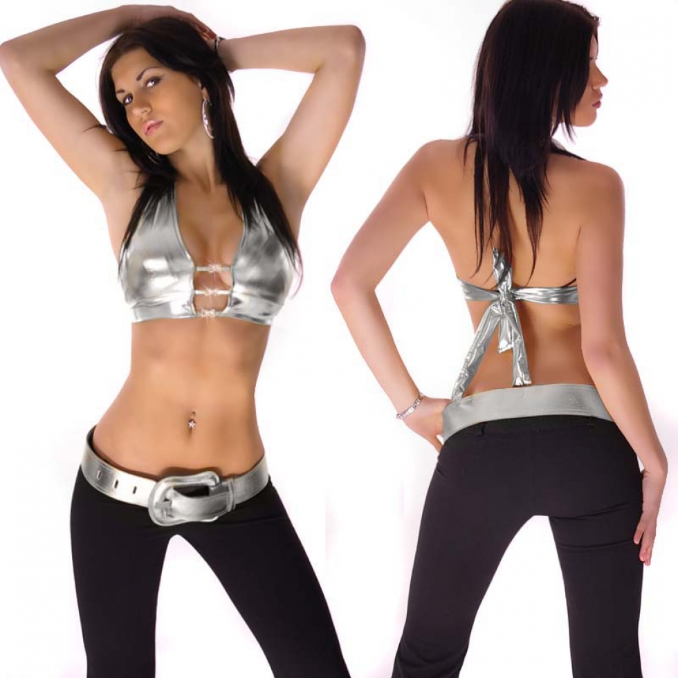 Sexy Party Crop-Top mit Schnallen in silber