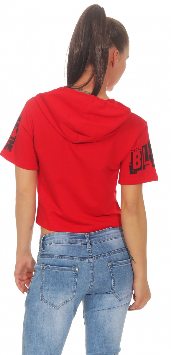 Bauchfreies Kapuzen-Shirt großem Schrift-Print - rot