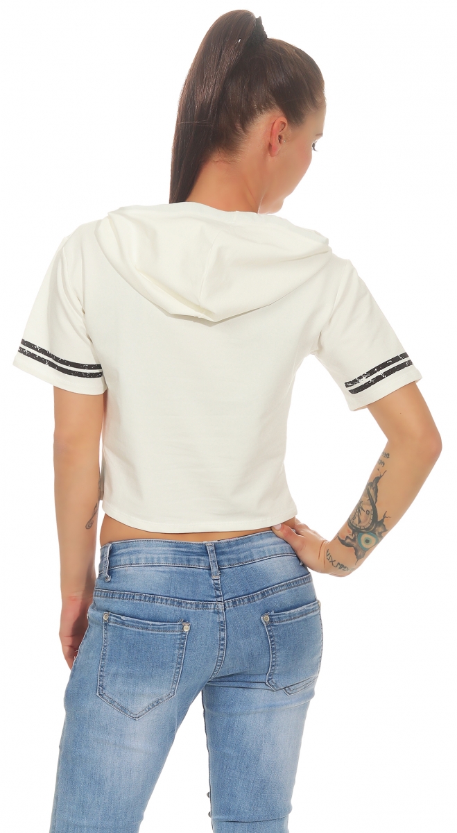 Bauchfreies Shirt mit Kapuze und großem Schrift-Print - cremé weiß