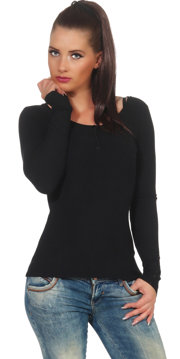 Taillierter Rippstrick-Pullover mit kurzer Knopfleiste - schwarz