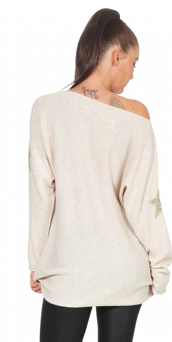 Lässiger Oversize Pullover mit Glamour-Stern in beige