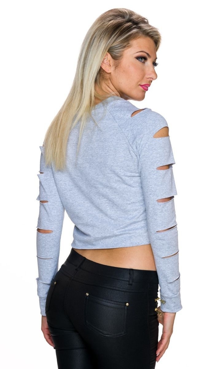 Bauchfreier Pullover mit trendigen Rissen - grau