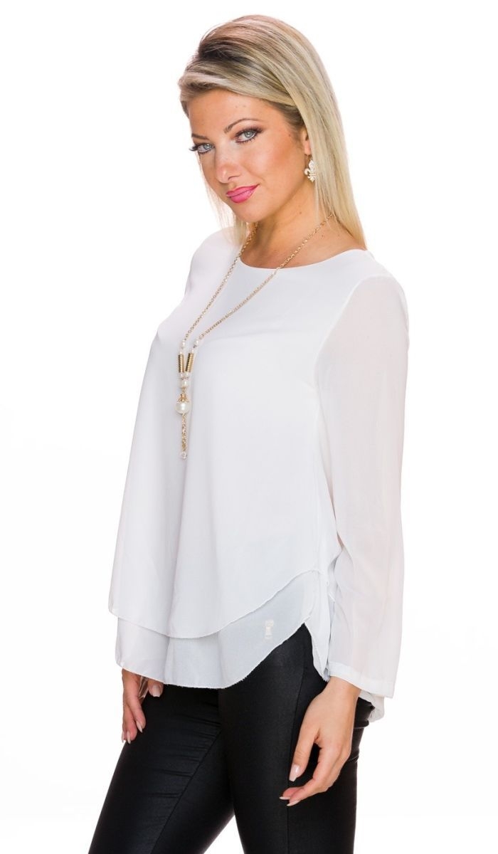 Klassische Bluse mit weitem Rundhalsausschnitt inklusive Kette - weiß