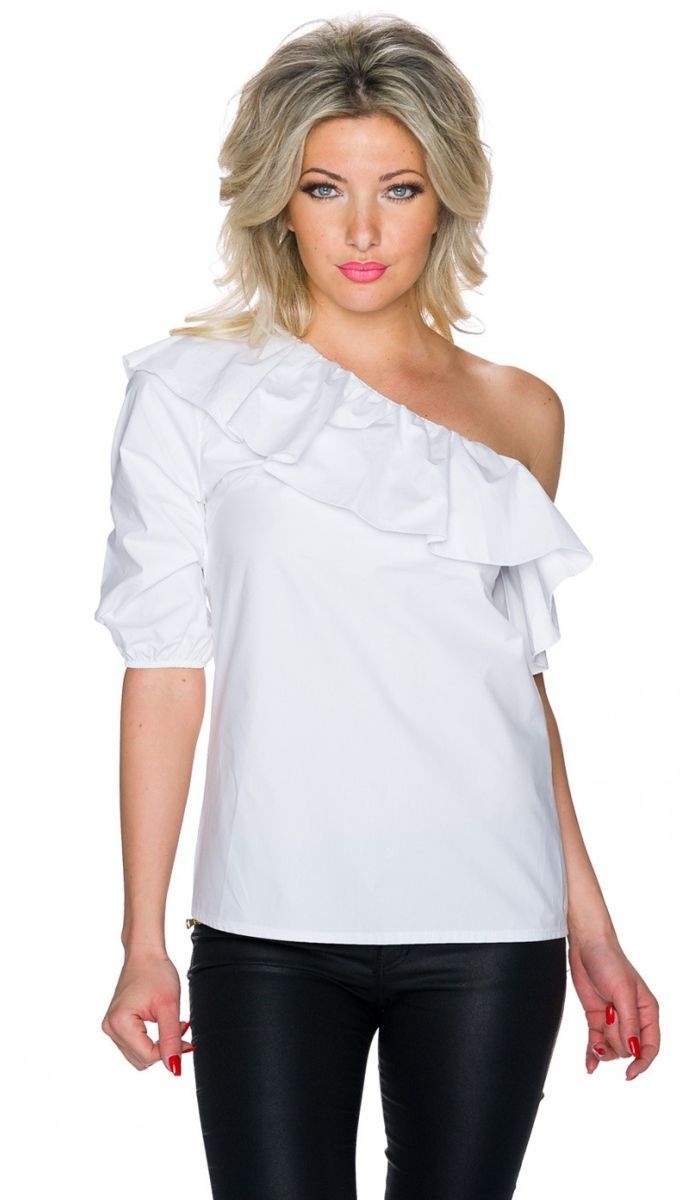 One-Shoulder Top mit großer Volant-Verzierung - weiß