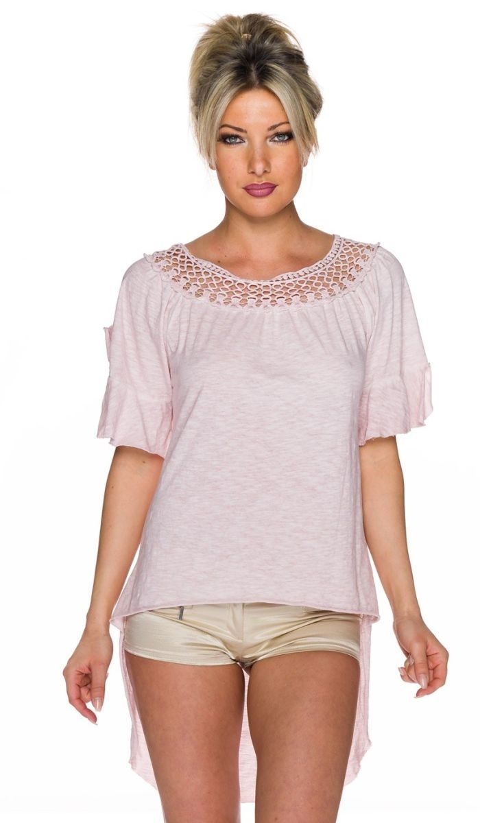 Aufregendes Vokuhila-Top im Destroyed-Look mit Häkelspitzenrand - rosa