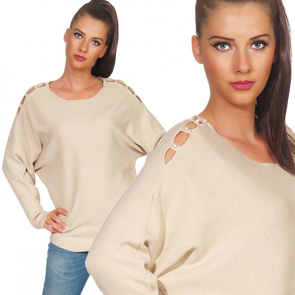 Fledermaus-Pullover mit Cut Outs und Perlen-Applikation in beige