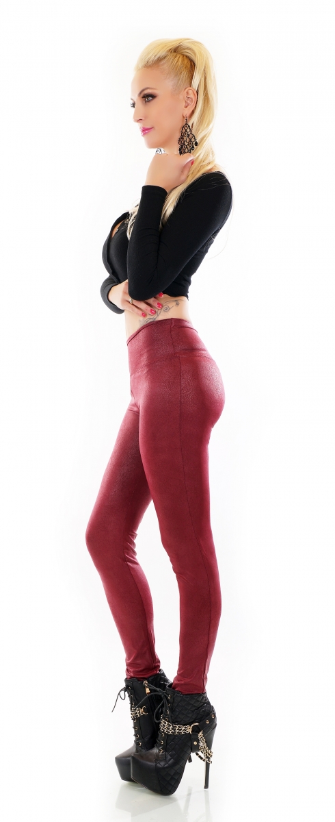 Sexy High-Waist-Leggings im seidig glänzenden Lederlook - bordeaux