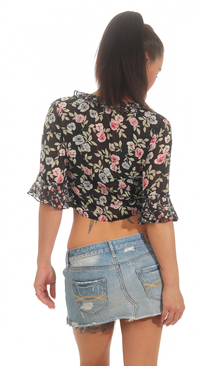 Süsse Chiffon-Bluse im Flower-Design mit Rüschen-Kanten in schwarz