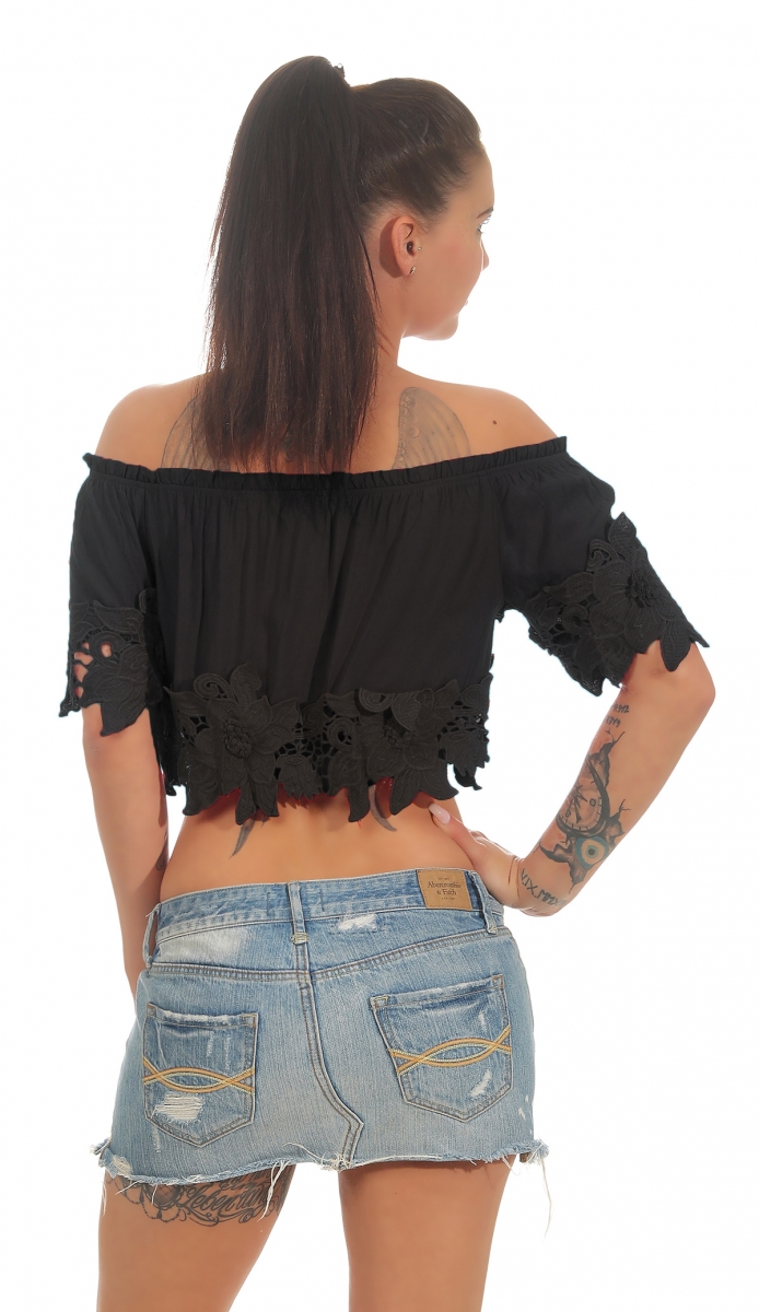 Carmen-Shirt mit süsser Blumen-Bordüre in schwarz