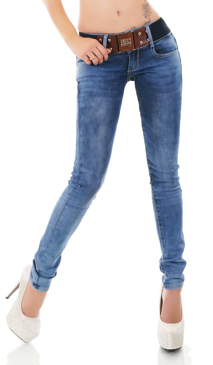 Slim Fit Röhren-Jeans mit Vintage-Effekten und breitem Kontrast-Gürtel in blue washed