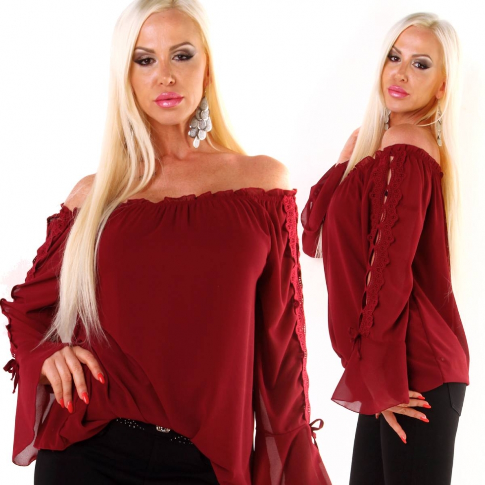 Luftig leichte Carmen-Bluse mit Spitzen-Verzierung - bordeaux