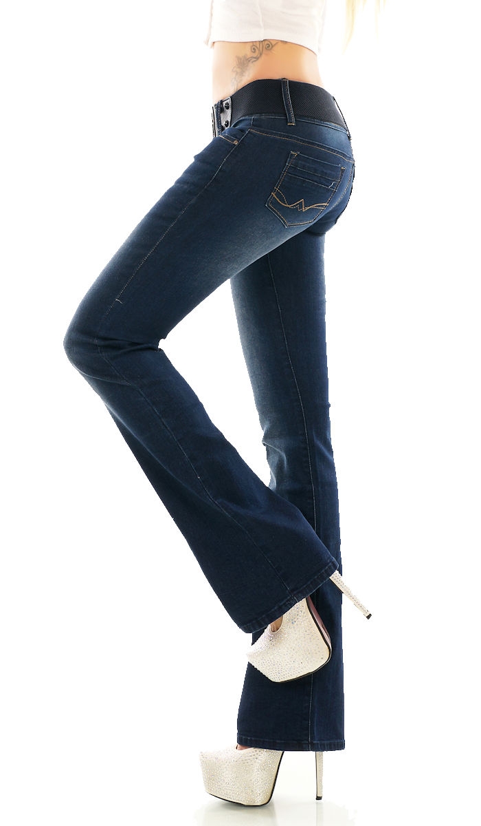 Modische Bootcut-Jeans mit breitem Stretch-Gürtel in dark blue