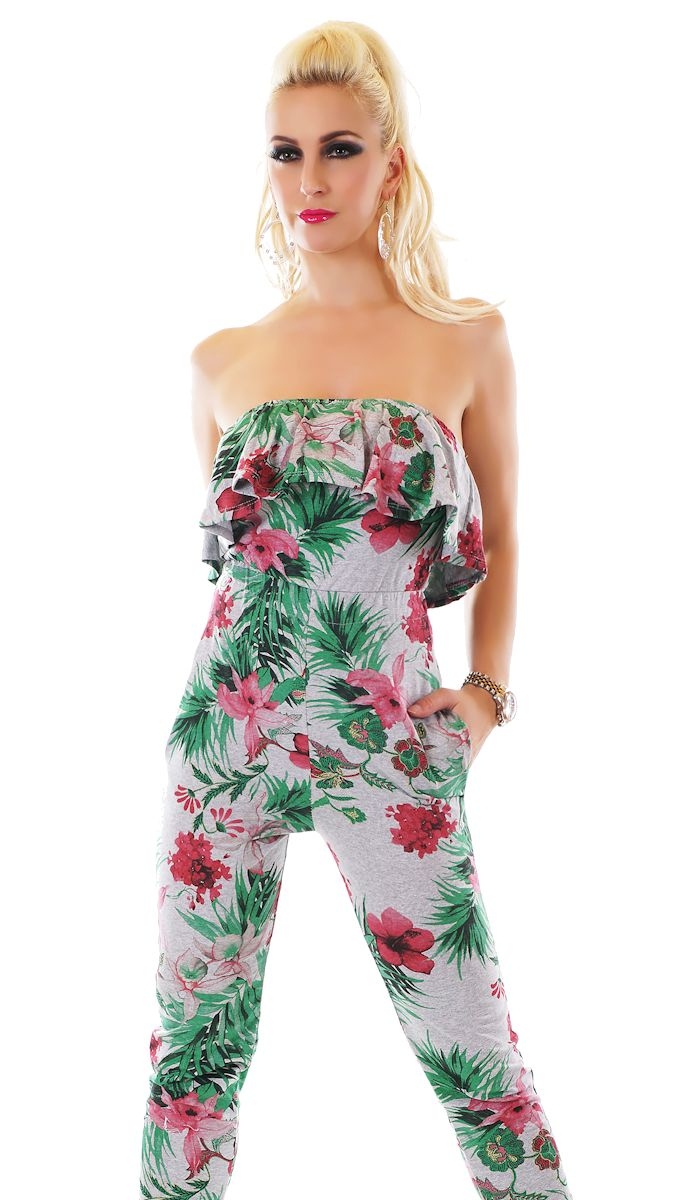 Süßer Bandeau-Overall im fröhlichen Hawaii-Look - grau