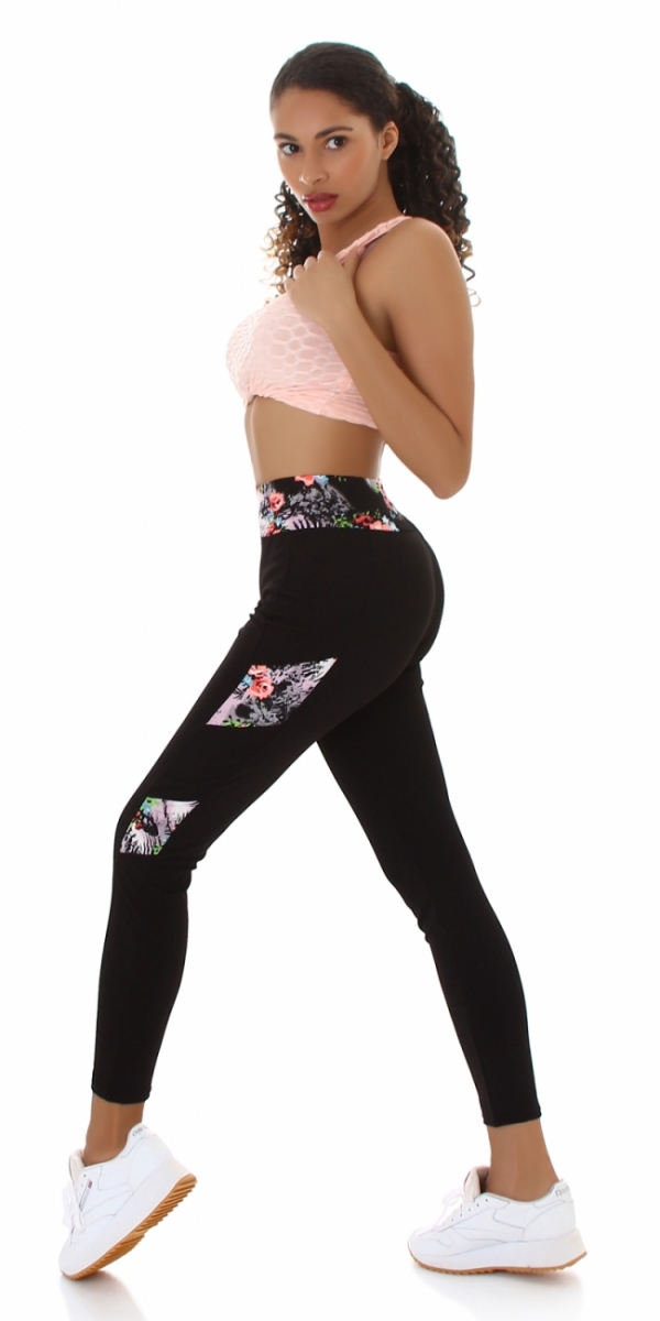 Moderne Fitness-Leggings im High Waist Look  mit Blumenprint - lachs