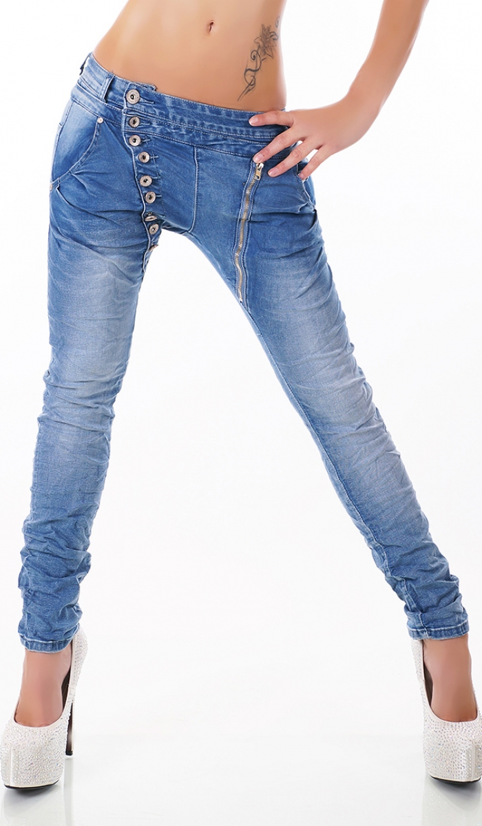 Crash-Jeans mit diagonaler Knopfleiste in light blue
