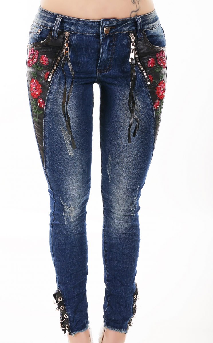 Sexy Röhrenjeans mit Leder-Patches und Zippern in dark blue