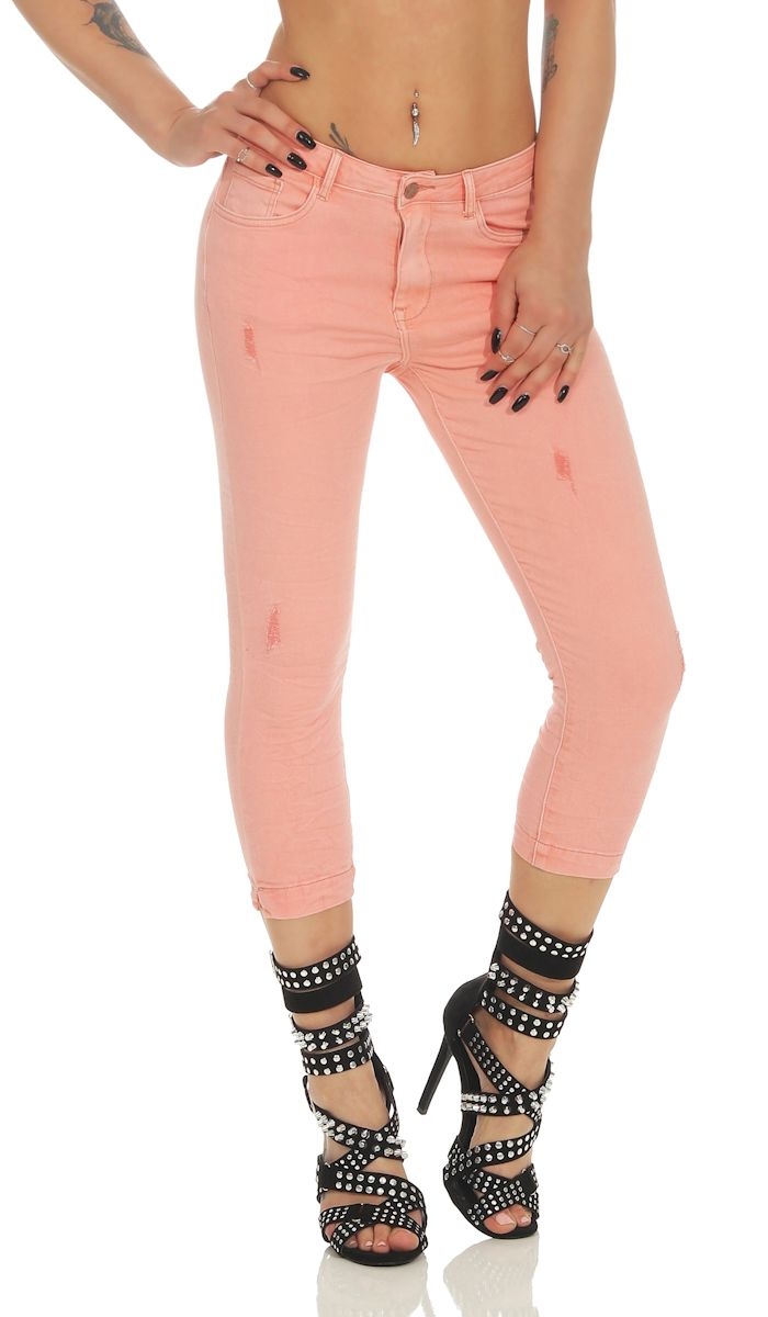 Moderne 7/8 Crash-Jeans mit Vintage-Applikationen - rosa