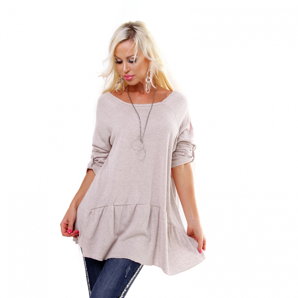 Oversize Feinstrick-Pulli mit weiten Rund-Ausschnitt - beige